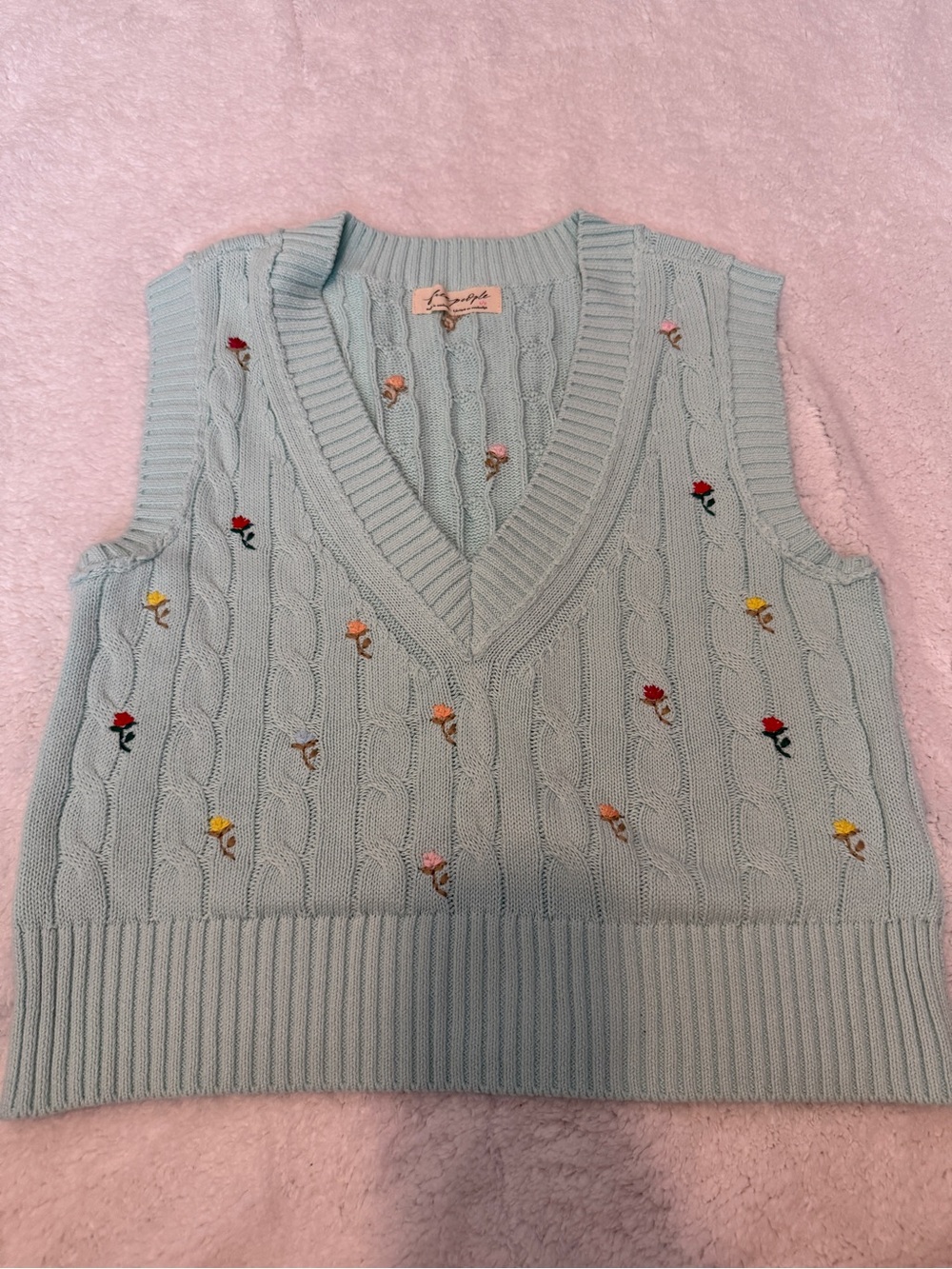 Free People Pastel Blue Cable-Knit Floral V-Neck Sweater Vest